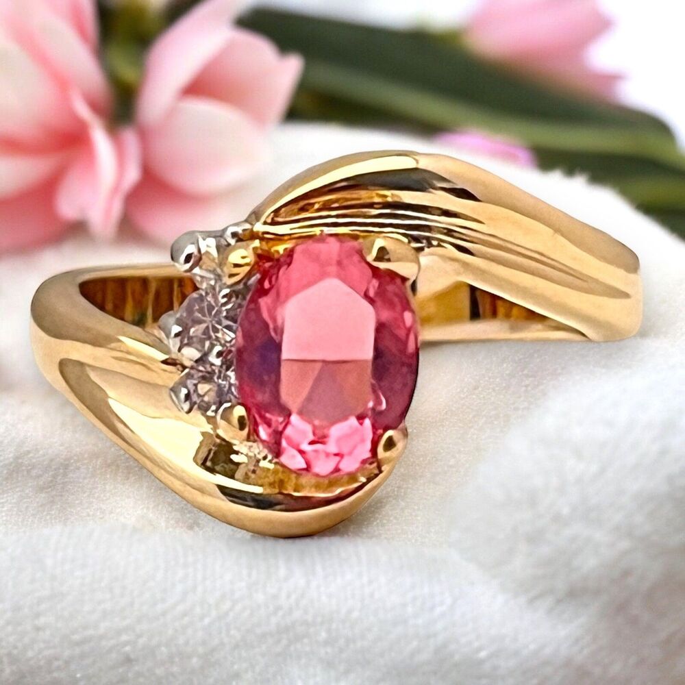 Vintage 1980s Pink Crystal Ring Size 5 14KGE Gold Plate- 3P